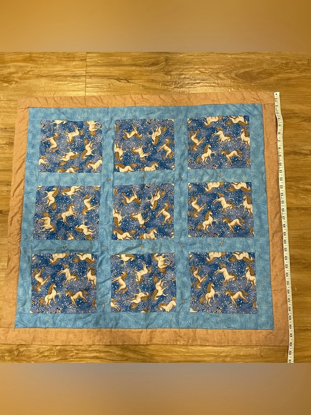 Patchwork Quilt Handmade Unicorn Blues & Brown Design-35x32”